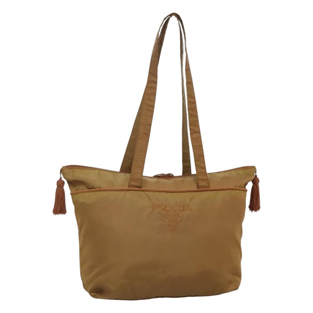 PRADA Brown Nylon Tote Bag Made in Italy 12.6 x 11.8 x 3.5 inches: PRADA Brown Nylon Tote Bag Made in Italy 12.6 x 11.8 x 3.5 inches This PRADA Tote Bag is a stylish accessory made from durable nylon, featuring a rich brown exterior. Measuring approximately 12.6 inch