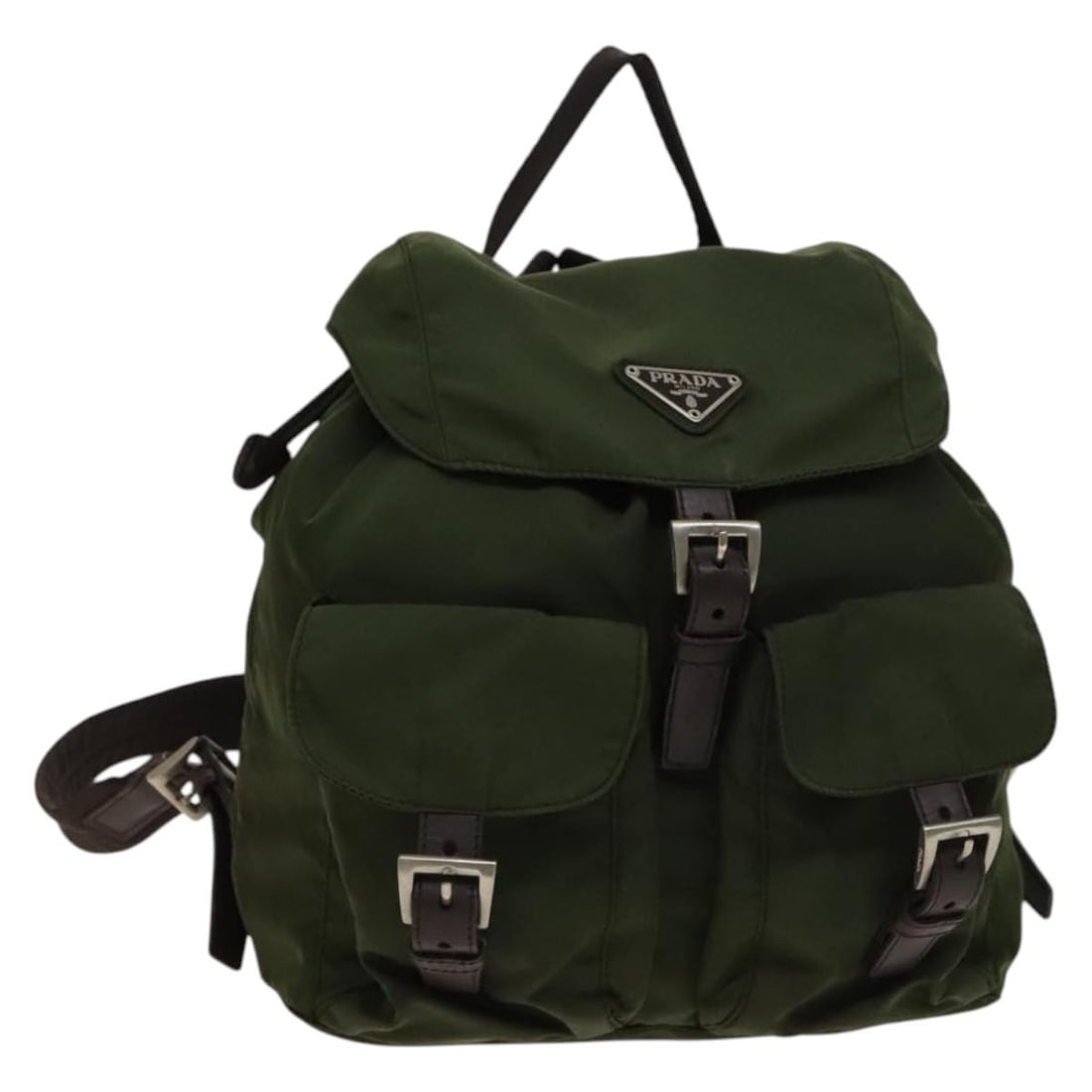 PRADA Khaki Silver Nylon Backpack Auth Italy: PRADA Khaki Silver Nylon Backpack Auth Italy This PRADA Backpack combines a stylish khaki and silver design with practicality. Crafted from durable nylon, this backpack features a compact size perfect
