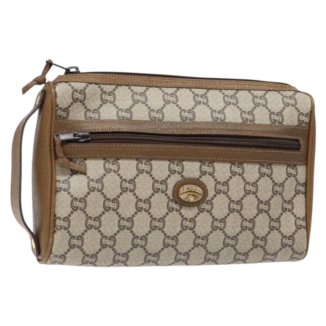 GUCCI GG Plus Supreme Beige Gold Clutch Bag PVC Italy: GUCCI GG Plus Supreme Beige Gold Clutch Bag PVC Italy This authentic GUCCI GG Plus Supreme Clutch Bag combines elegance and practicality, crafted from high-quality PVC leather in a chic beige and gold