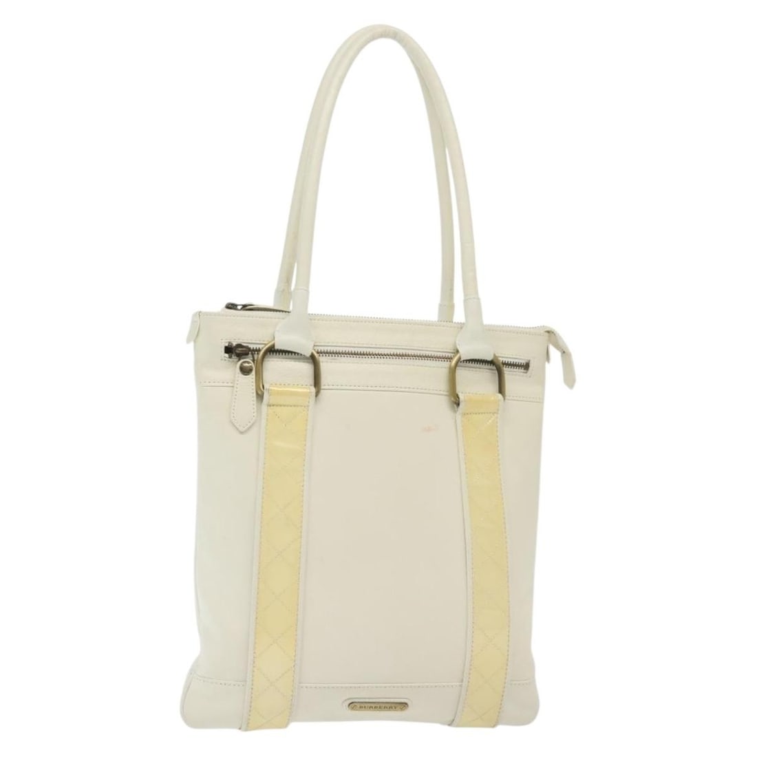 Burberry White Leather Tote Bag with Gold Accents: Burberry White Leather Tote Bag with Gold Accents This Burberry tote bag is a stylish blend of luxury and functionality. Made from premium leather, it features an elegant white and gold color scheme.