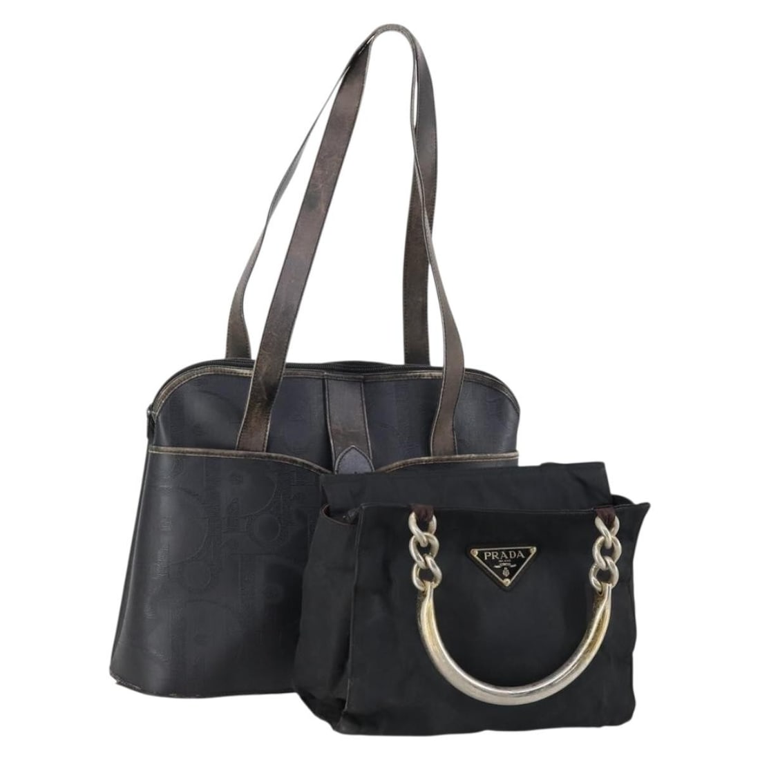 PRADA Christian Dior Black Gold Nylon Hand Bag Set Authentic: PRADA Christian Dior Black Gold Nylon Hand Bag Set Authentic This PRADA Christian Dior Hand Bag set features a stylish combination of black nylon and gold accents, perfect for adding a touch of luxury