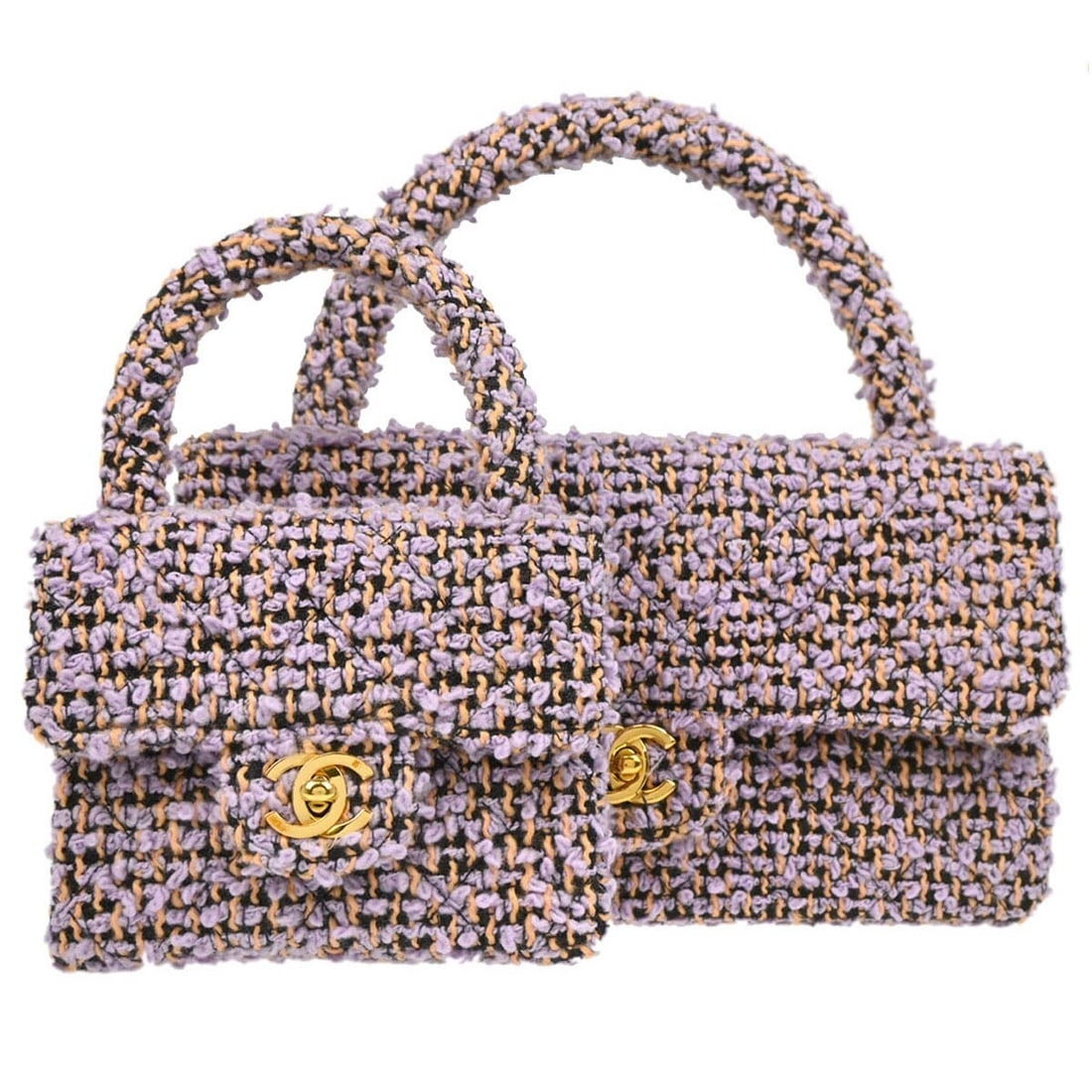 Chanel Classic Purple Tweed 2 in 1 Hand Bag Set: Chanel Classic Purple Tweed 2 in 1 Hand Bag Set This exquisite Chanel handbag set features a stunning purple tweed exterior and a classic quilted design. The bag includes a versatile 2 in 1 style, per