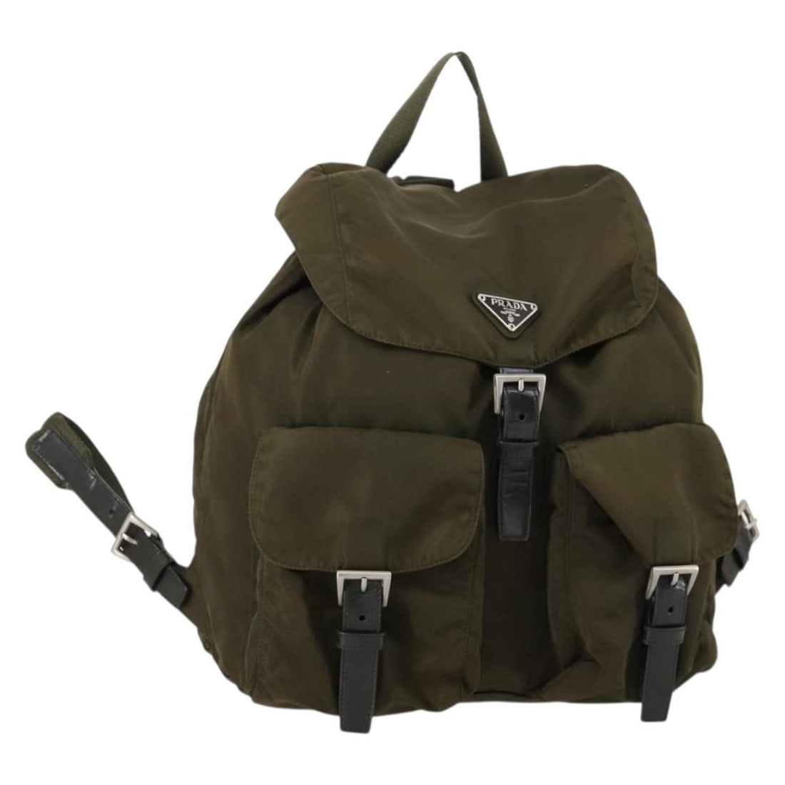 PRADA Khaki Silver Nylon Backpack Authentic 150289 Italy: PRADA Khaki Silver Nylon Backpack Authentic 150289 Italy Introducing the PRADA Nylon Backpack in a stylish Khaki and Silver combination. This authentic backpack, crafted in Italy, features a durable n