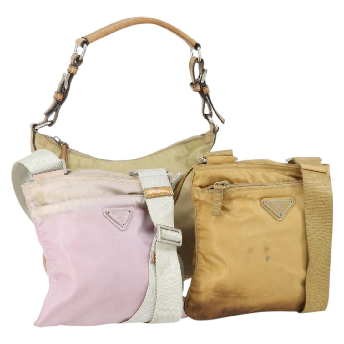 PRADA Nylon Shoulder Bag Set 3 Pieces Beige Pink Authentic: PRADA Nylon Shoulder Bag Set 3 Pieces Beige Pink Authentic This PRADA shoulder bag set is crafted from high-quality nylon, featuring a chic beige and pink color scheme. Made in Italy, this stylish acc