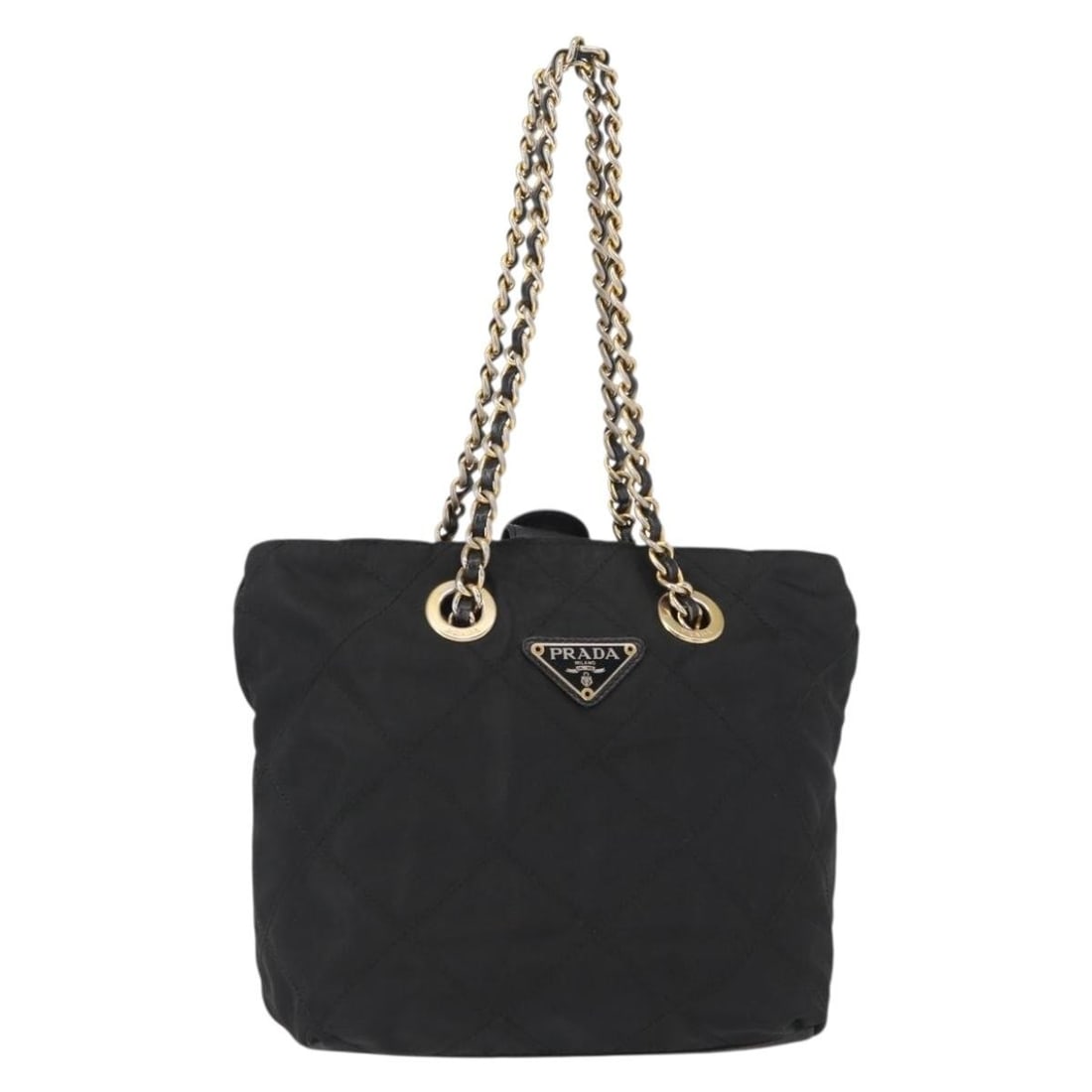 PRADA Nylon Chain Hand Bag Black Gold Made in Italy: PRADA Nylon Chain Hand Bag Black Gold Made in Italy This authentic PRADA hand bag showcases a stylish combination of black nylon and gold accents. Crafted in Italy, this bag features a spacious interi