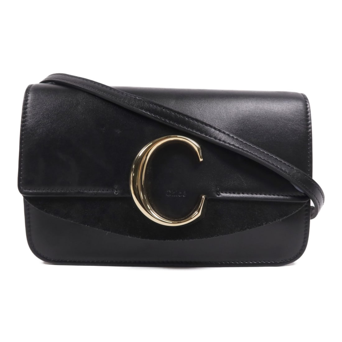 Chloe Black Calfskin Leather GHW C Bag Shoulder Bag: Chloe Black Calfskin Leather GHW C Bag Shoulder Bag Elevate your accessory collection with this chic Chloe C Bag, designed for the modern woman. Crafted from luxurious calfskin leather in a sleek blac