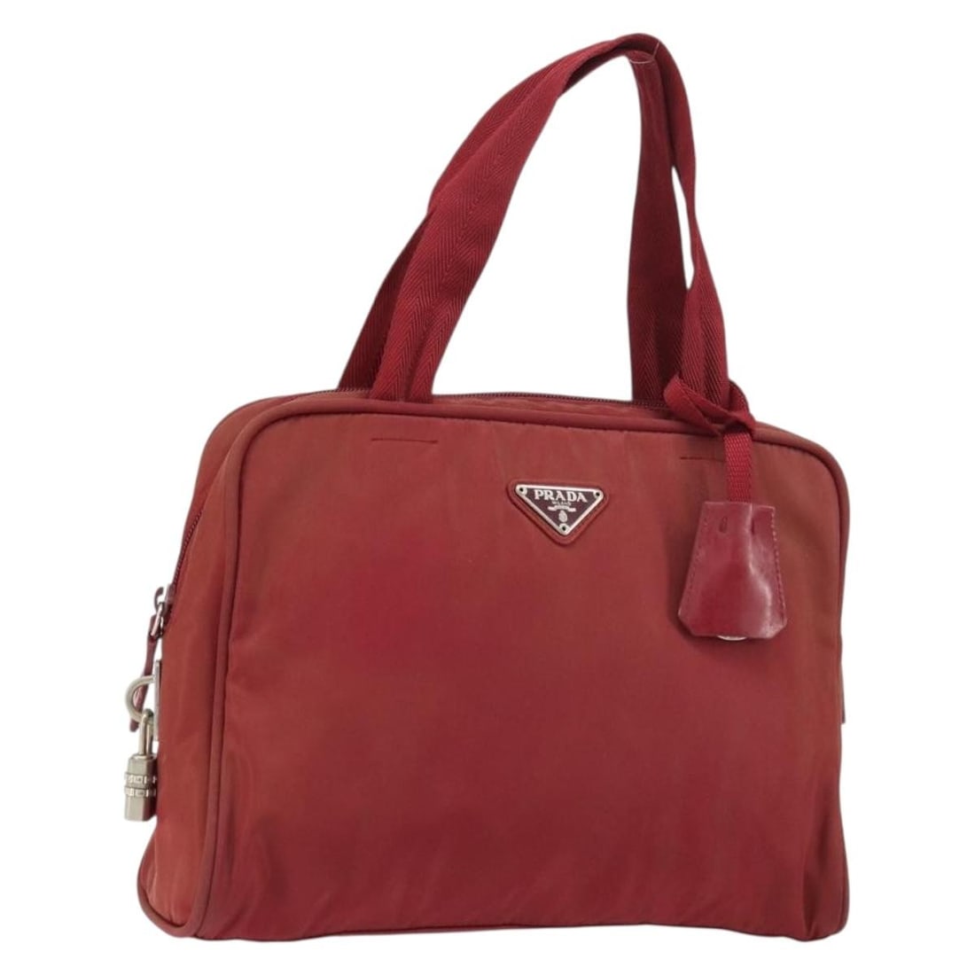 PRADA Red Nylon Hand Bag with Silver Accents BA8645 Authentic: PRADA Red Nylon Hand Bag with Silver Accents BA8645 Authentic This authentic PRADA hand bag showcases a striking combination of red nylon and silver accents, perfect for adding a pop of color to any o