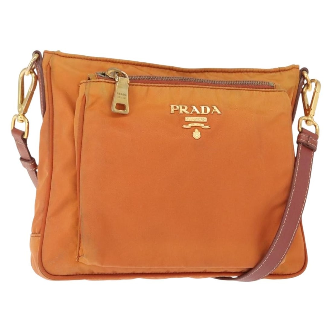 PRADA Orange Gold Nylon Shoulder Bag Authentic 155084 Italy: PRADA Orange Gold Nylon Shoulder Bag Authentic 155084 Italy This PRADA shoulder bag features a vibrant orange and gold color scheme, crafted from durable nylon. Designed for both style and functionali