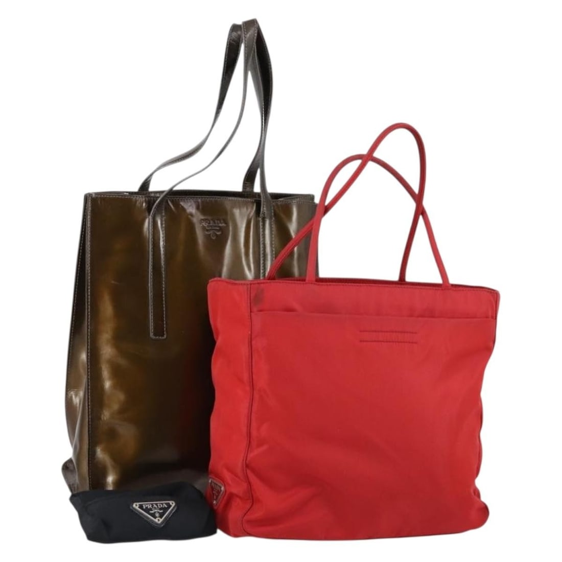 PRADA Nylon Enamel 3 Piece Shoulder Bag Set Red Brown Black Authentic: PRADA Nylon Enamel 3 Piece Shoulder Bag Set Red Brown Black Authentic This PRADA shoulder bag set features a stylish combination of red, brown, and black in durable nylon. Designed for everyday use, t