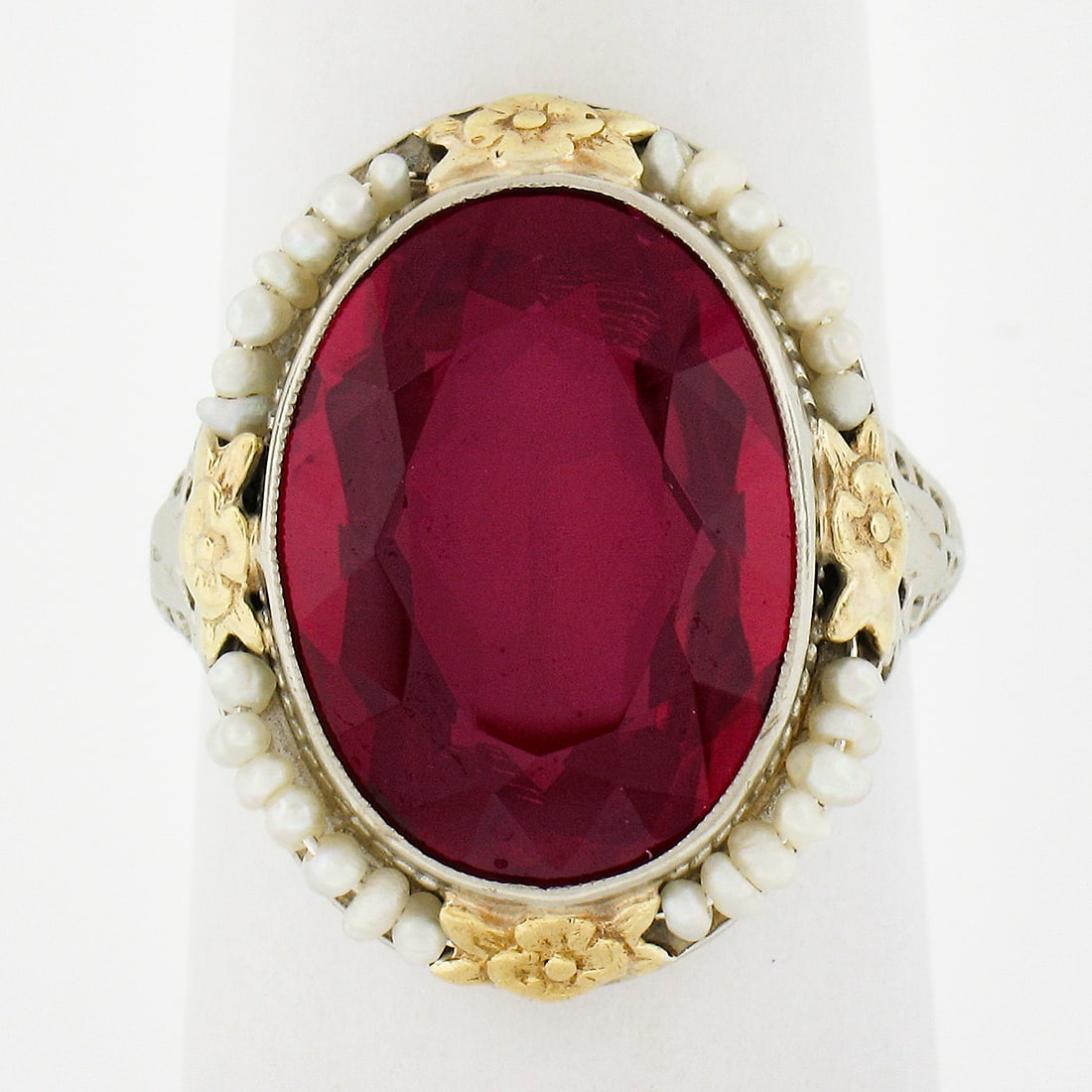 Antique Art Deco 14k Gold Floral Filigree Ring with Synthetic Ruby and Seed Pearls (1 of 9)