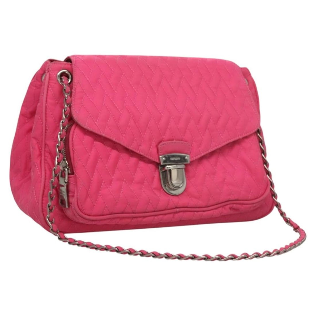 PRADA Pink Silver Nylon Chain Shoulder Bag Auth 121721: PRADA Pink Silver Nylon Chain Shoulder Bag Auth 121721 This authentic PRADA Chain Shoulder Bag is crafted from durable nylon in a striking pink and silver color combination. The bag features a spaciou