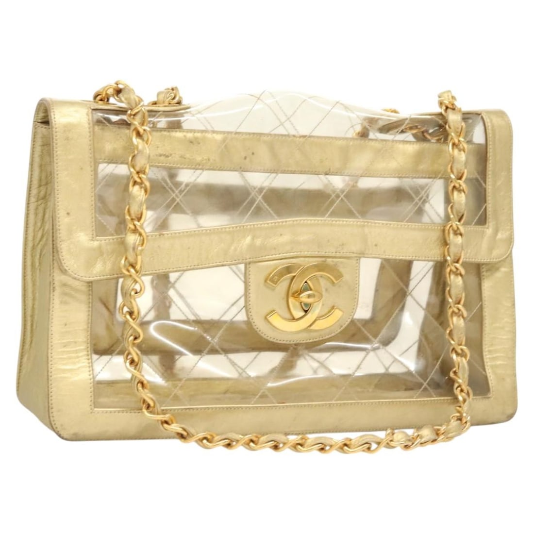CHANEL Matelasse Chain Shoulder Bag Clear Vinyl Gold Accents Auth: CHANEL Matelasse Chain Shoulder Bag Clear Vinyl Gold Accents Auth This CHANEL Matelasse Chain Shoulder Bag is crafted from high-quality vinyl, featuring a striking clear and gold color combination. Me