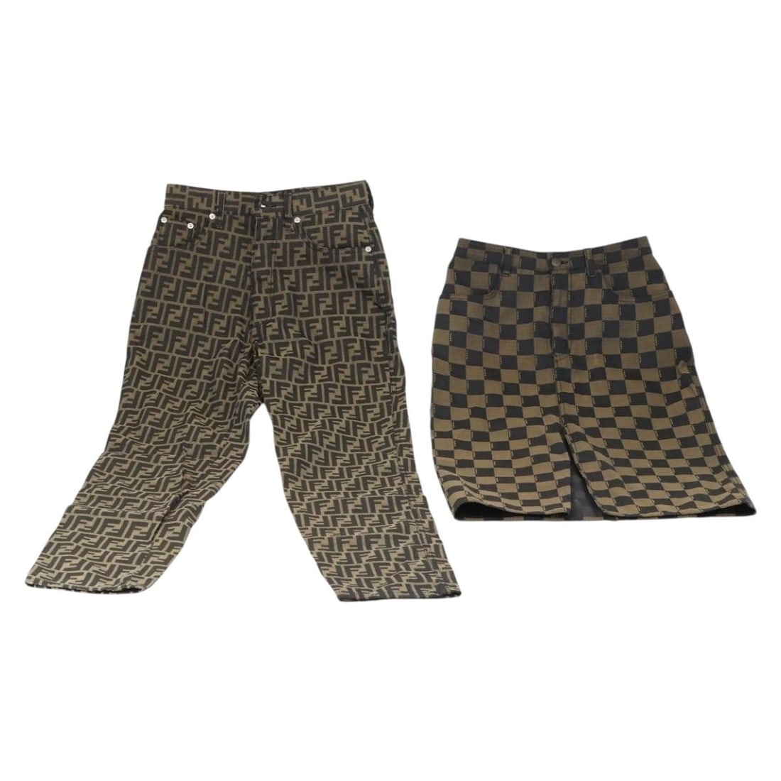 FENDI Zucca Canvas Pants and Skirt Set in Black and Brown: FENDI Zucca Canvas Pants and Skirt Set in Black and Brown This stylish Fendi Zucca Canvas Pecan Skirt Pants 2 Set features a unique black and brown design that effortlessly combines sophistication wit