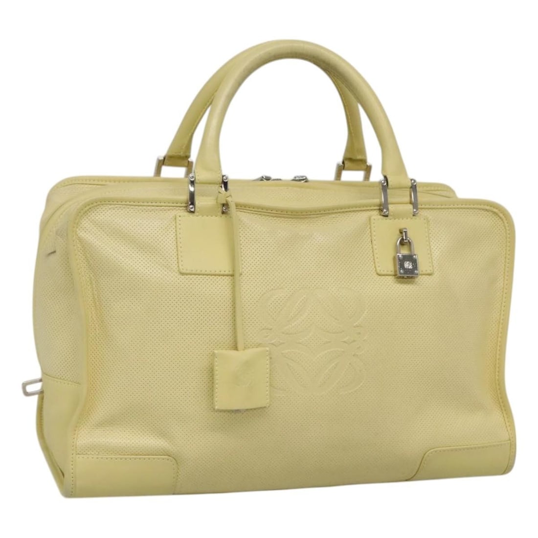 LOEWE Anagram Leather Hand Bag Light Yellow Silver Made in Spain: LOEWE Anagram Leather Hand Bag Light Yellow Silver Made in Spain This LOEWE Anagram Hand Bag is crafted from high-quality leather in a stunning light yellow and silver color combination. With a height