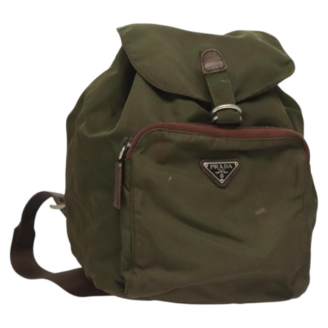 PRADA Khaki Silver Nylon Backpack Made in Italy: PRADA Khaki Silver Nylon Backpack Made in Italy This PRADA backpack is crafted from durable nylon in a stylish khaki and silver color combination. Designed for practicality, it features a main compart