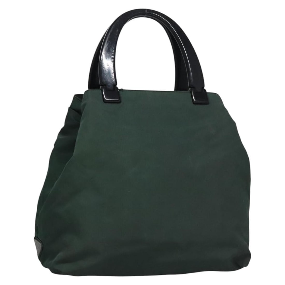 Authentic PRADA Khaki Silver Nylon Hand Bag Made in Italy: Authentic PRADA Khaki Silver Nylon Hand Bag Made in Italy This authentic PRADA Hand Bag is crafted from durable nylon in a stylish khaki and silver color combination. Measuring approximately 11.0 inch