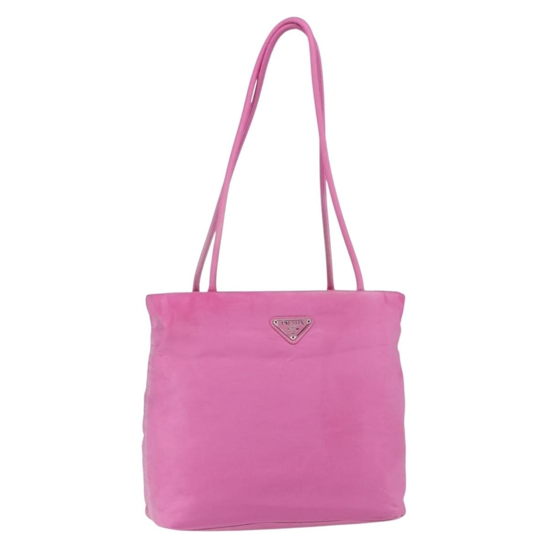 PRADA Pink Silver Nylon Tote Bag with Guarantee Card: PRADA Pink Silver Nylon Tote Bag with Guarantee Card This PRADA Tote Bag is a stylish accessory crafted from durable nylon, featuring a striking pink and silver exterior. With a height of approximatel