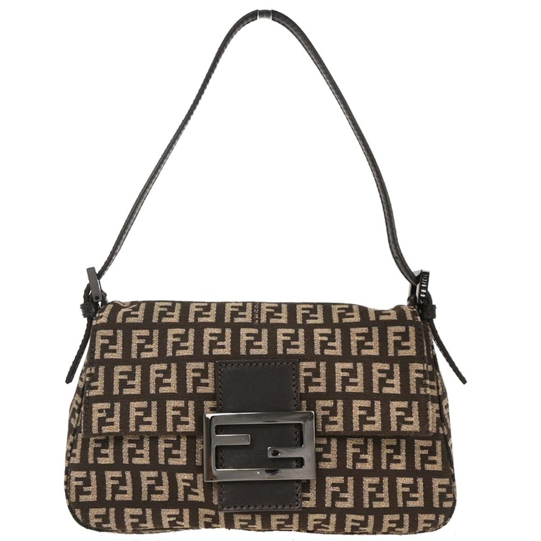 Fendi Brown Zucca Mini Handbag with Adjustable Strap: Fendi Brown Zucca Mini Handbag with Adjustable Strap This stylish Fendi Brown Zucchino Handbag showcases the iconic Fendi Zucca pattern, perfect for casual occasions. The mini-sized bag features a sof
