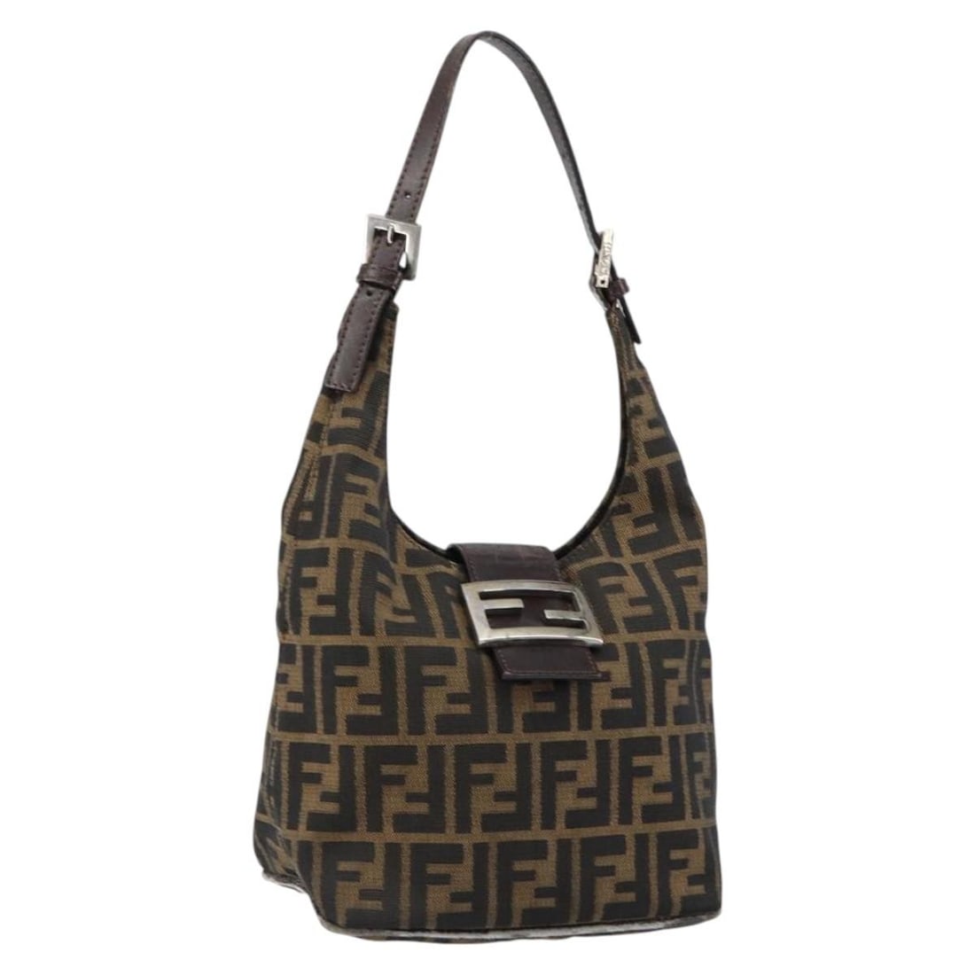 FENDI Zucca Canvas Mamma Baguette Shoulder Bag Black Brown Silver Authentic: FENDI Zucca Canvas Mamma Baguette Shoulder Bag Black Brown Silver Authentic Introducing the FENDI Zucca Canvas Mamma Baguette Shoulder Bag, an iconic piece crafted in Italy. This stylish shoulder bag