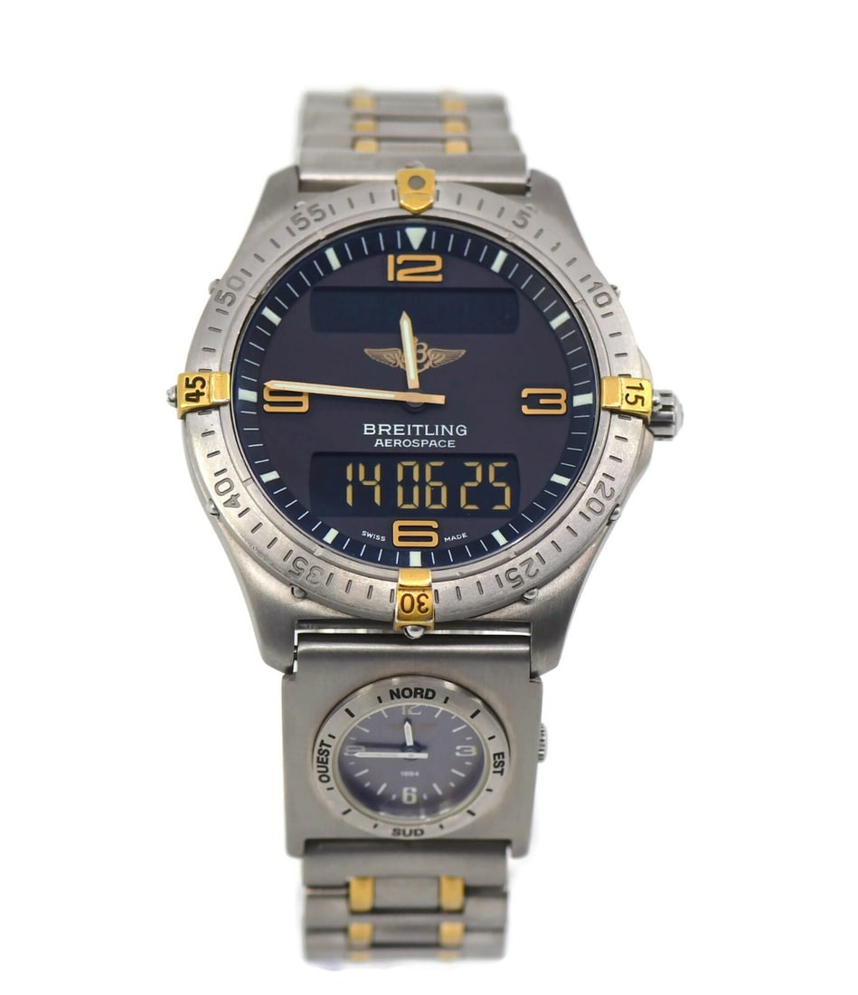 Breitling Aerospace Titanium Watch F56062 40mm Analog Digital: Breitling Aerospace Titanium Watch F56062 40mm Analog Digital Discover the precision and style of the Breitling Aerospace Advantage Titanium Watch. This sophisticated timepiece features a dual display
