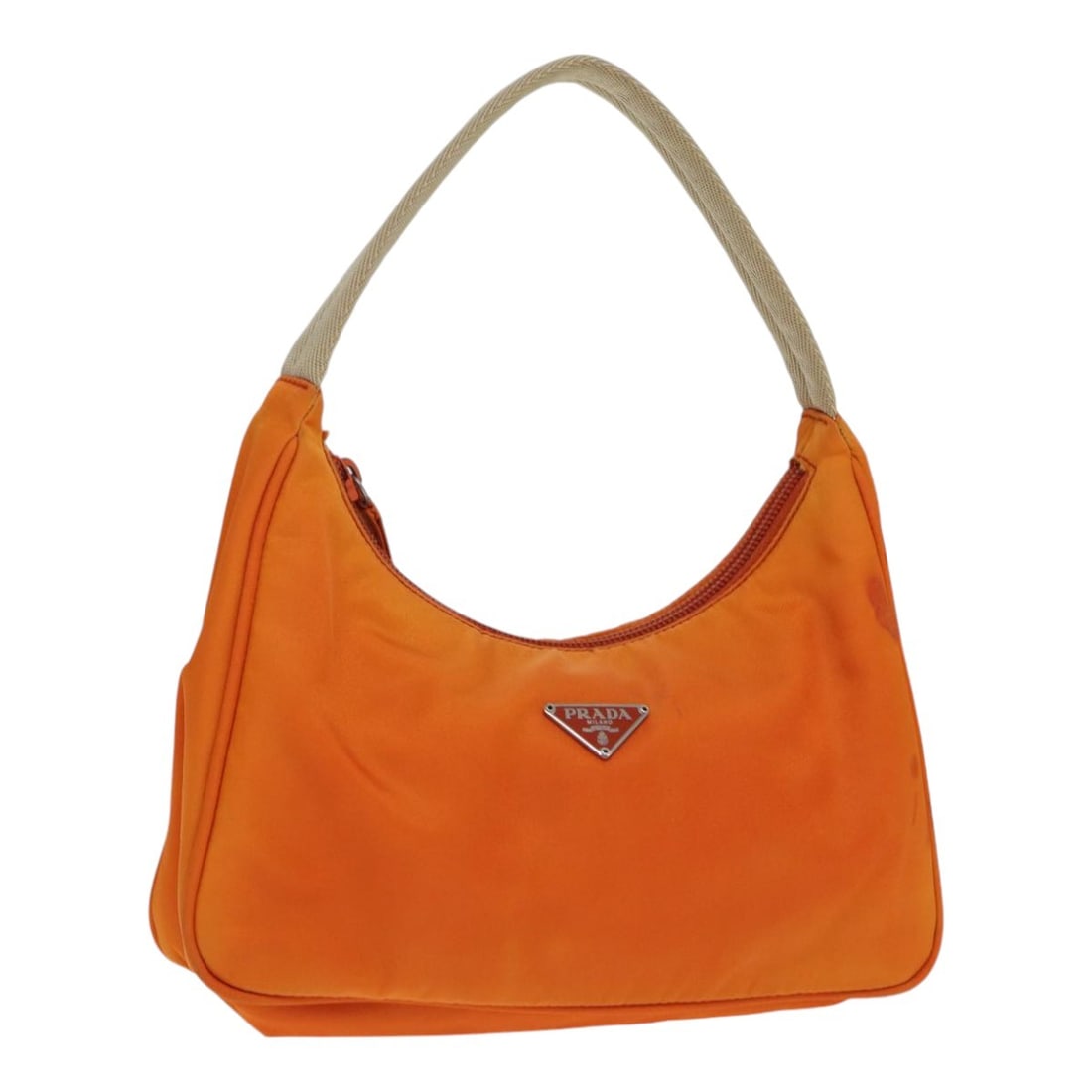 Authentic PRADA Orange Nylon Hand Bag Made in Italy: Authentic PRADA Orange Nylon Hand Bag Made in Italy This authentic PRADA hand bag combines style and practicality with its vibrant orange nylon exterior. Measuring approximately 9.1 inches in length,