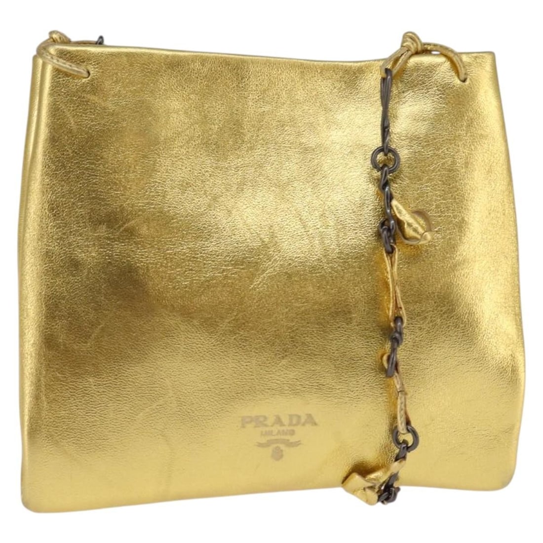 PRADA Gold Leather Chain Shoulder Bag Made in Italy: PRADA Gold Leather Chain Shoulder Bag Made in Italy This PRADA Chain Shoulder Bag is a luxurious piece crafted from high-quality leather in an elegant gold color. Measuring approximately 6.7 inches in