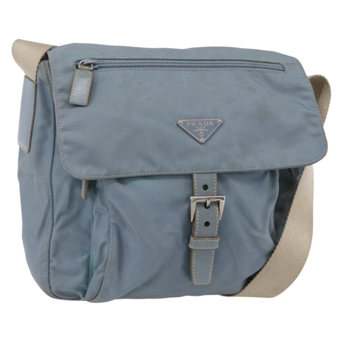 PRADA Light Blue Nylon Shoulder Bag BA7764 Authentic Italy: PRADA Light Blue Nylon Shoulder Bag BA7764 Authentic Italy This authentic PRADA shoulder bag is crafted from durable nylon in a chic light blue and silver color combination. Designed for style and pra