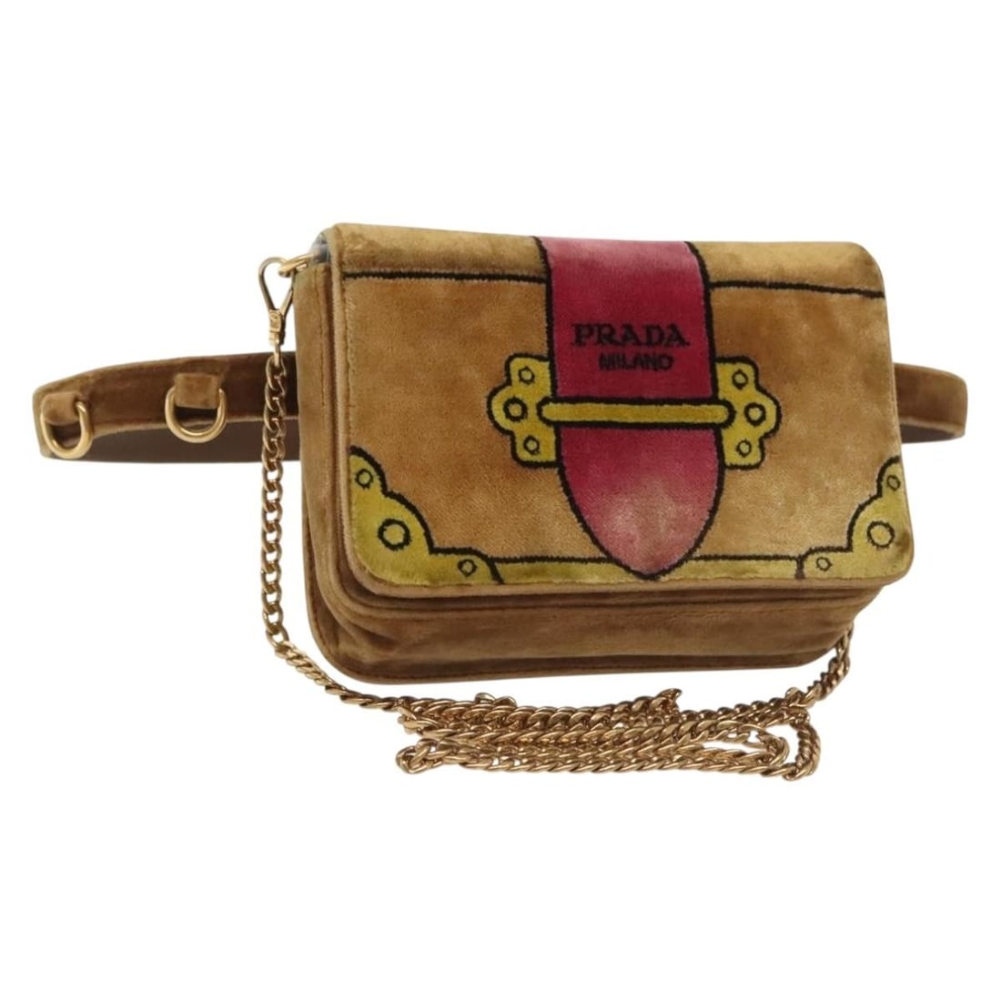 PRADA Chain Kaye Velor Shoulder Bag Beige Gold Italy Auth 141360: PRADA Chain Kaye Velor Shoulder Bag Beige Gold Italy Auth 141360 Introducing the PRADA Chain Kaye Shoulder Bag, a stylish and sophisticated accessory crafted in Italy. This elegant shoulder bag featur