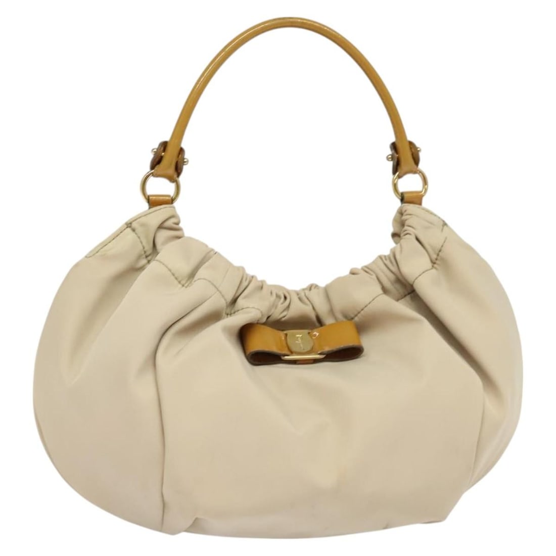 Salvatore Ferragamo Vala Beige Gold Nylon Shoulder Bag Auth BA3215 (1 of 18)