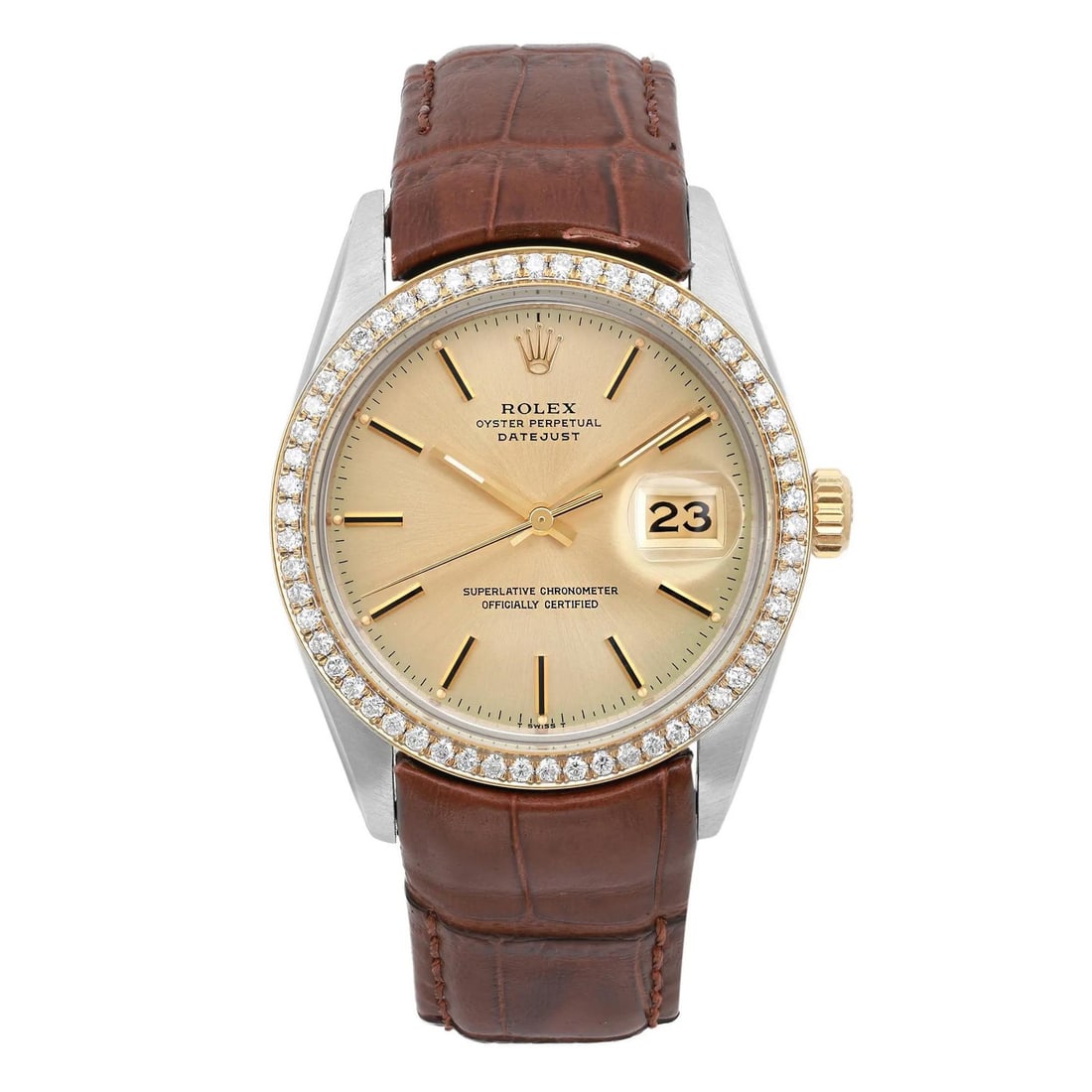 Rolex Datejust 36mm Custom Diamond Bezel 18k Gold Champagne Dial Watch 16013: Rolex Datejust 36mm Custom Diamond Bezel 18k Gold Champagne Dial Watch 16013 Experience the luxury of the Rolex Datejust, a vintage wristwatch crafted for style and precision. This model features a