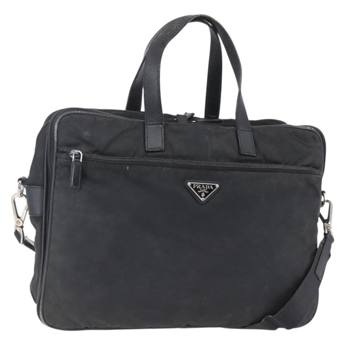 PRADA Black Nylon 2-Way Hand Bag with Silver Accents Auth KA171: PRADA Black Nylon 2-Way Hand Bag with Silver Accents Auth KA171 This PRADA Hand Bag is a stylish and functional accessory crafted from durable nylon in a striking black and silver color scheme. It fea