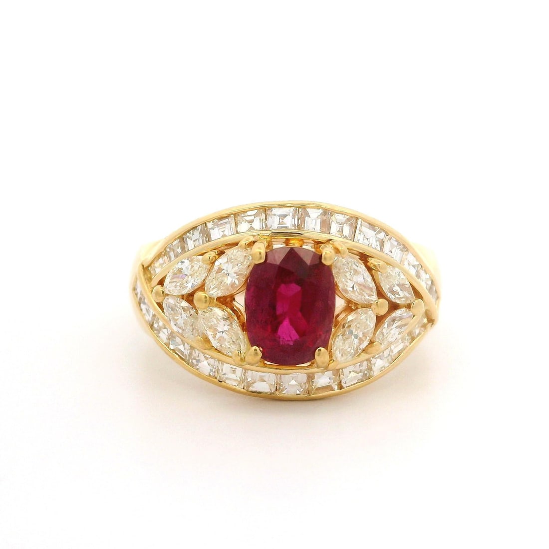 18k Yellow Gold 3.27ctw Ruby Fancy Diamond Wide Band Ring GIA Certified: 18k Yellow Gold 3.27ctw Ruby Fancy Diamond Wide Band Ring GIA Certified This stunning wide band ring features a captivating 1.25ct natural ruby in an oval brilliant cut, prong set and heated to enhanc
