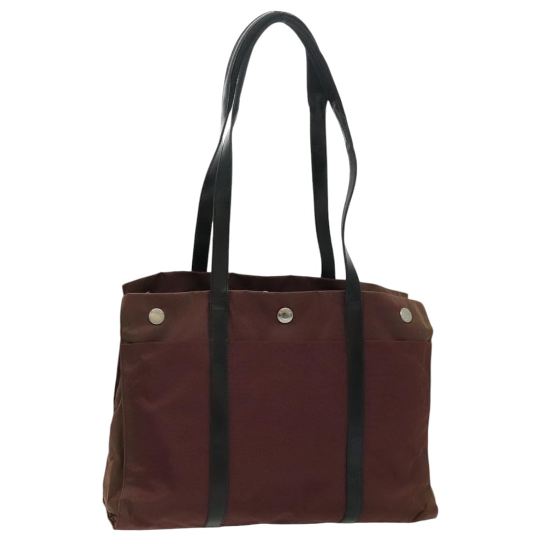 PRADA Bordeaux Silver Nylon Tote Bag with Guarantee Card: PRADA Bordeaux Silver Nylon Tote Bag with Guarantee Card This stylish PRADA Tote Bag showcases a sophisticated design crafted from high-quality nylon, featuring a chic bordeaux and silver color combin
