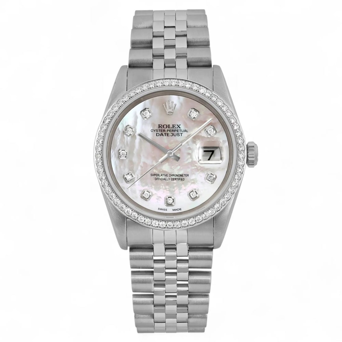 Rolex Datejust 16200 Custom MOP Diamond Automatic Men's Watch: Rolex Datejust 16200 Custom MOP Diamond Automatic Men's Watch Discover the elegance of this Rolex Datejust wristwatch, featuring a stunning white mother-of-pearl dial adorned with diamond markers. Thi