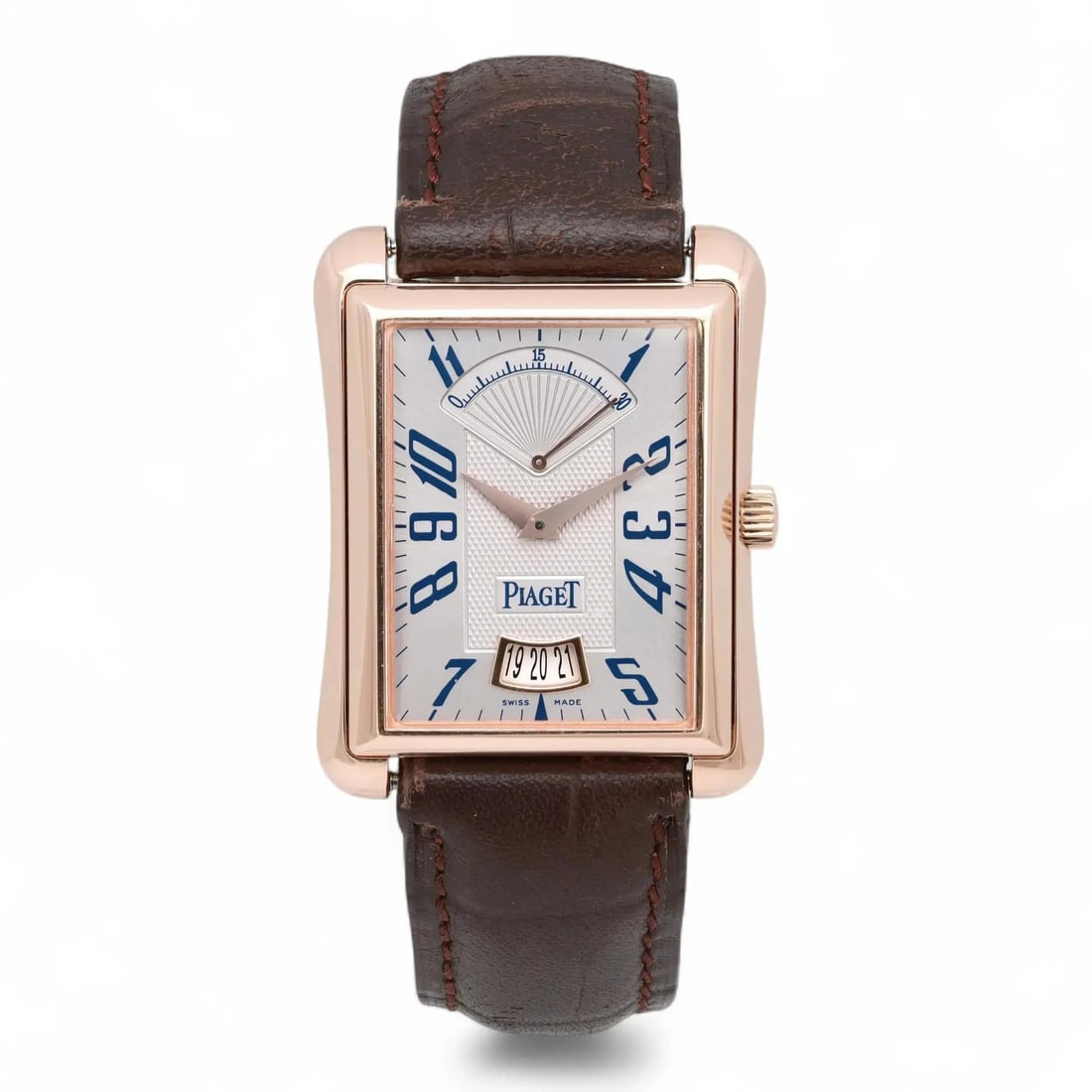 Piaget Emperador Date Retrograde 18K Rose Gold Luxury Watch: Piaget Emperador Date Retrograde 18K Rose Gold Luxury Watch This exquisite Piaget Emperador Date Retrograde wristwatch showcases a luxurious design crafted from 18K rose gold. The elegant silver dial