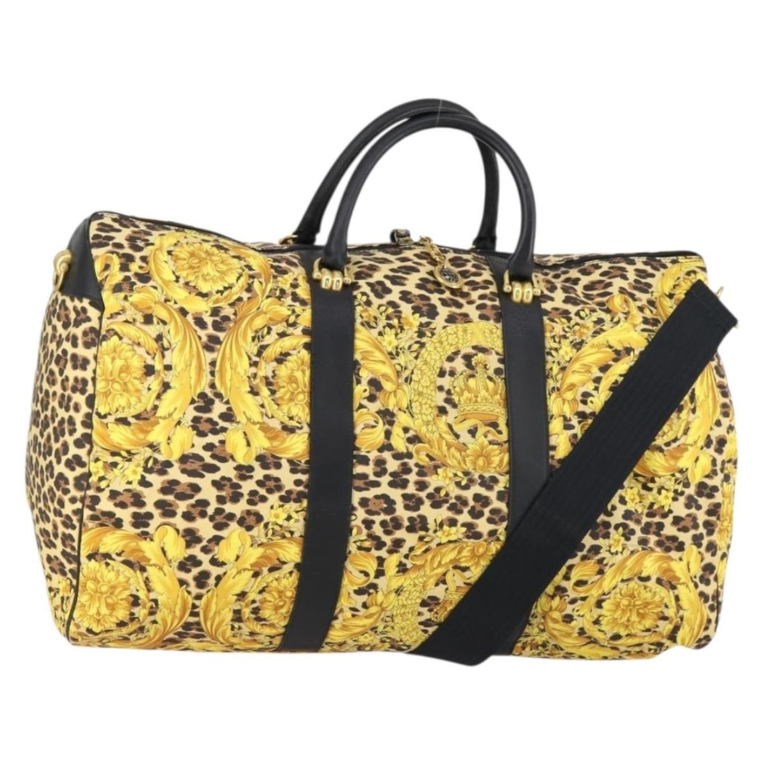 Gianni Versace Yellow Gold Canvas Boston Bag 2way Auth AM9766: Gianni Versace Yellow Gold Canvas Boston Bag 2way Auth AM9766 Introducing the Gianni Versace Boston Bag, a stylish and functional accessory crafted from durable canvas with a striking yellow and gold