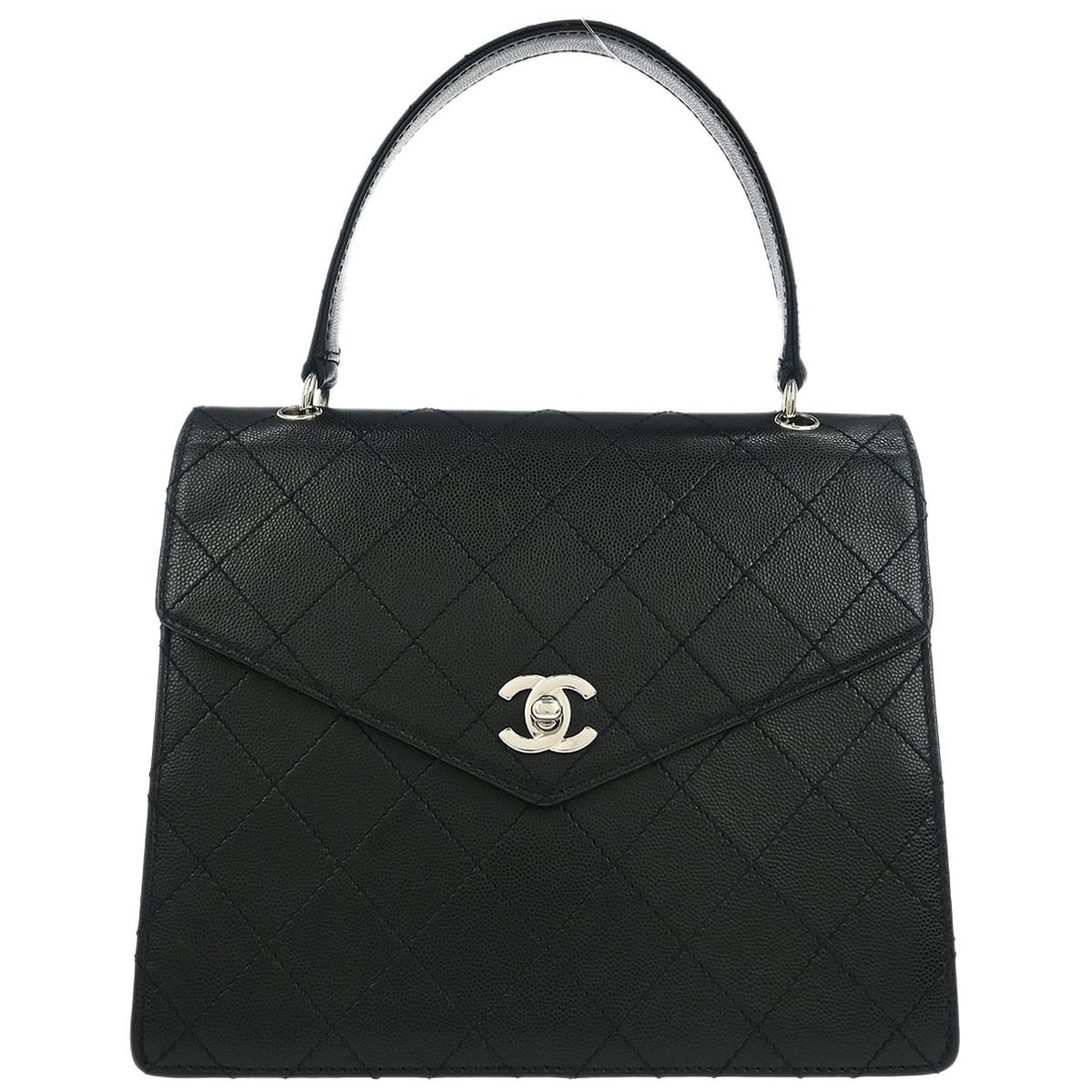 Chanel Black Caviar Leather Top Handle Handbag: Chanel Black Caviar Leather Top Handle Handbag This exquisite Chanel handbag is crafted from luxurious black calfskin leather, showcasing a timeless design that complements any outfit. With dimensions