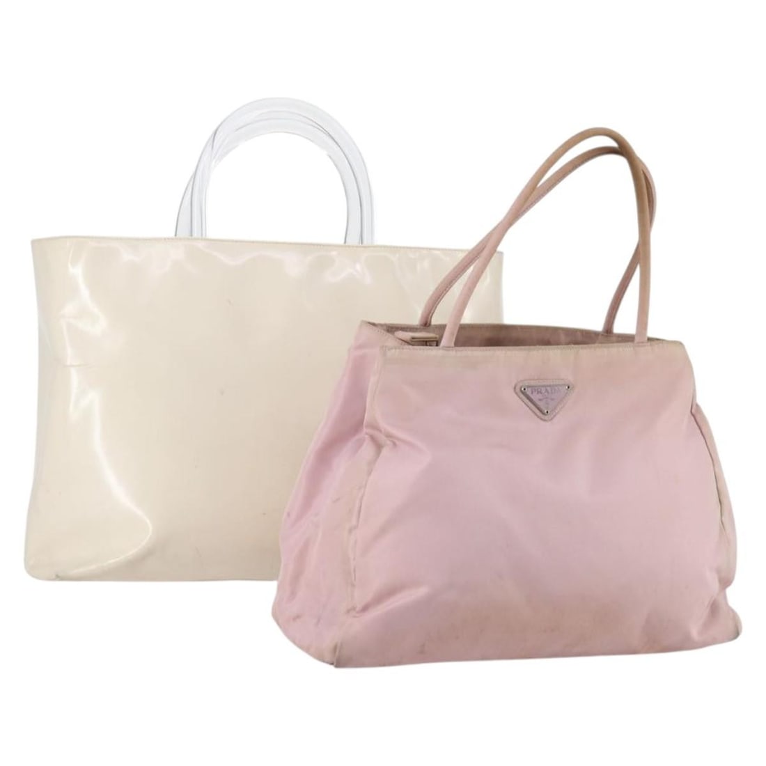 PRADA Pink White Patent Leather Hand Bag Set Authentic 141559: PRADA Pink White Patent Leather Hand Bag Set Authentic 141559 This PRADA Hand Bag is a stylish accessory crafted from high-quality patent leather, featuring a vibrant pink and white exterior. Made in