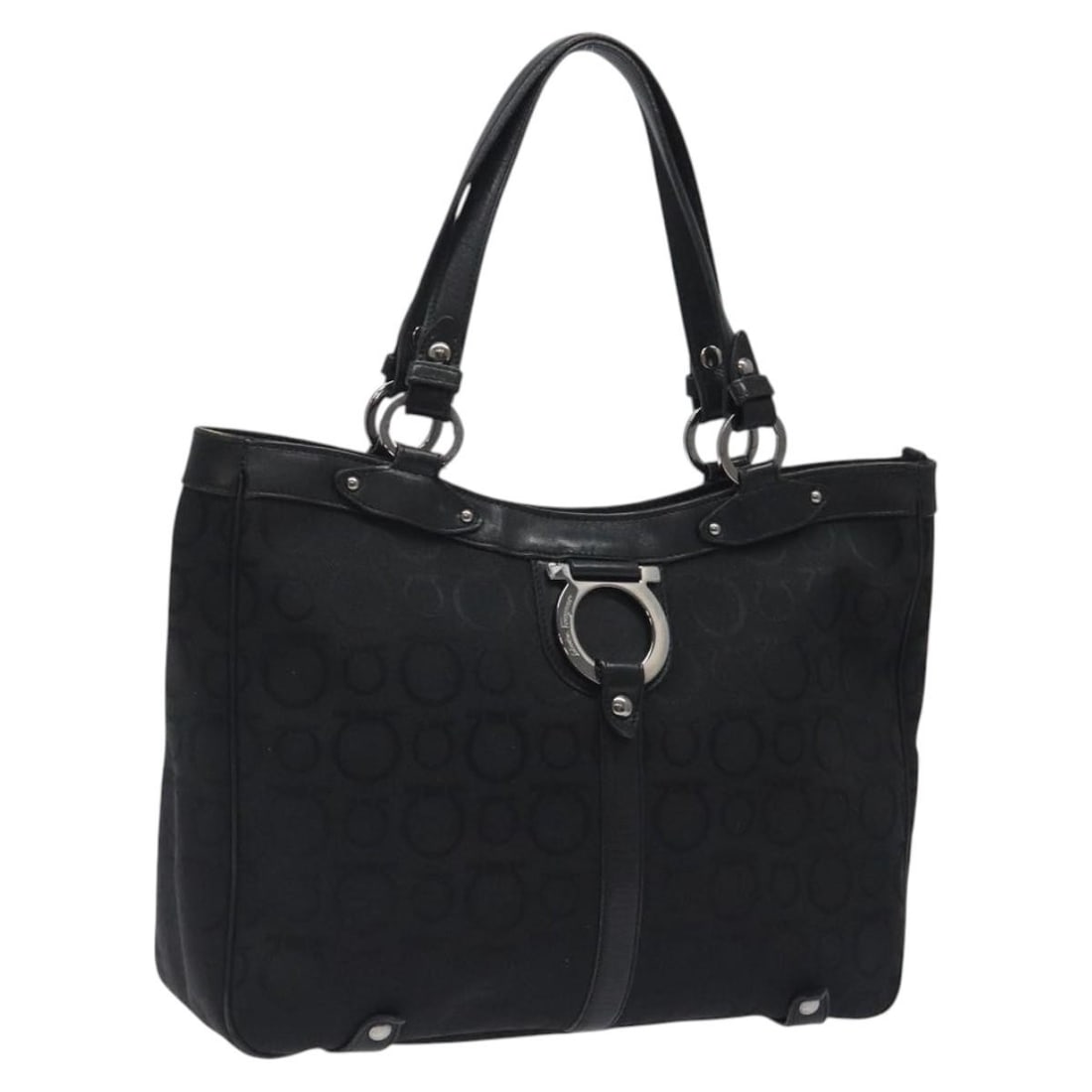 Salvatore Ferragamo Gancini Tote Bag Black Canvas Silver Accents Italy: Salvatore Ferragamo Gancini Tote Bag Black Canvas Silver Accents Italy This Salvatore Ferragamo Gancini Tote Bag is a stylish accessory crafted from durable canvas in a sophisticated black and silver