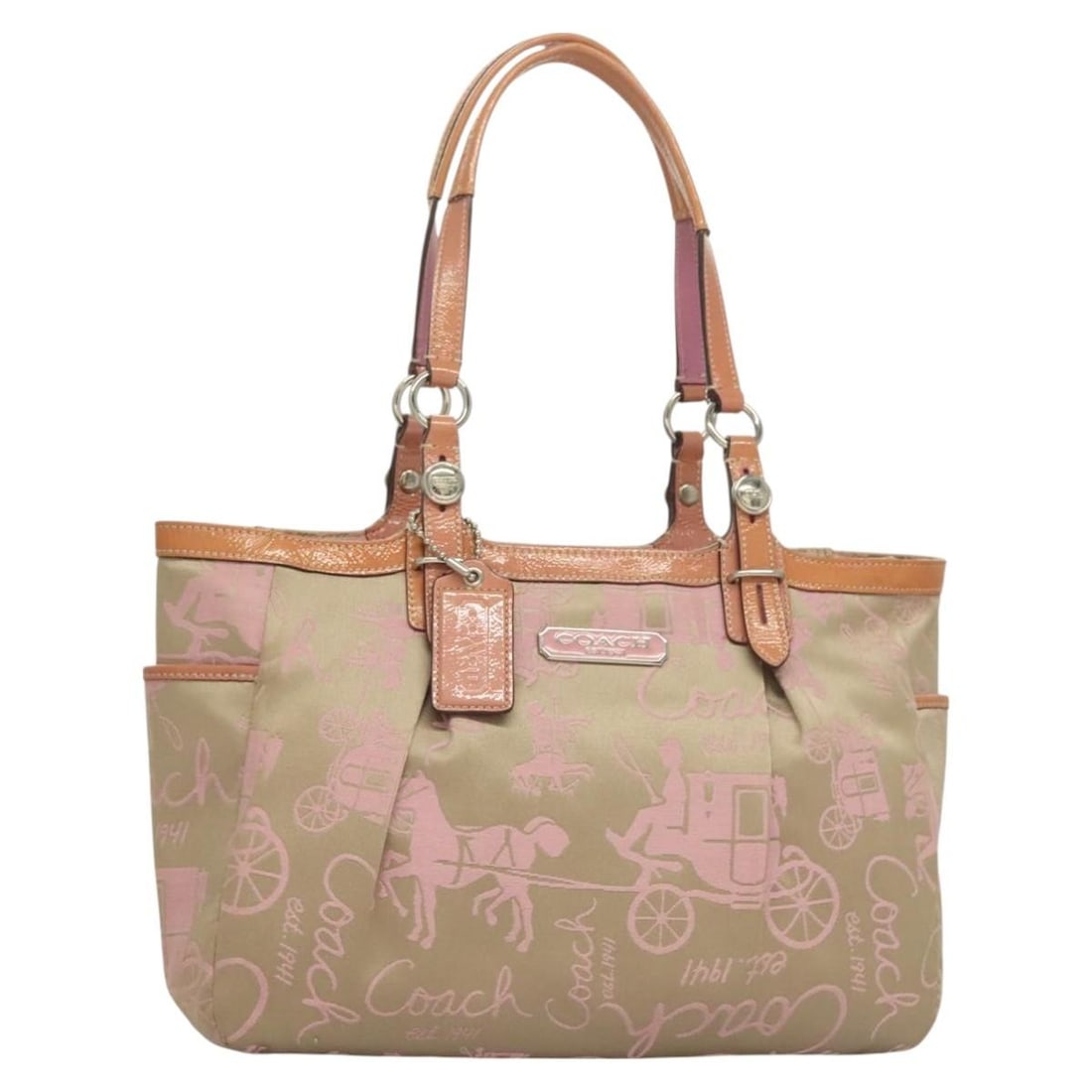 Coach Pink Silver Nylon Tote Bag Auth BS27221: Coach Pink Silver Nylon Tote Bag Auth BS27221 This stylish Coach Tote Bag features a vibrant pink and silver exterior crafted from durable nylon, perfect for everyday use. The bag measures approximate