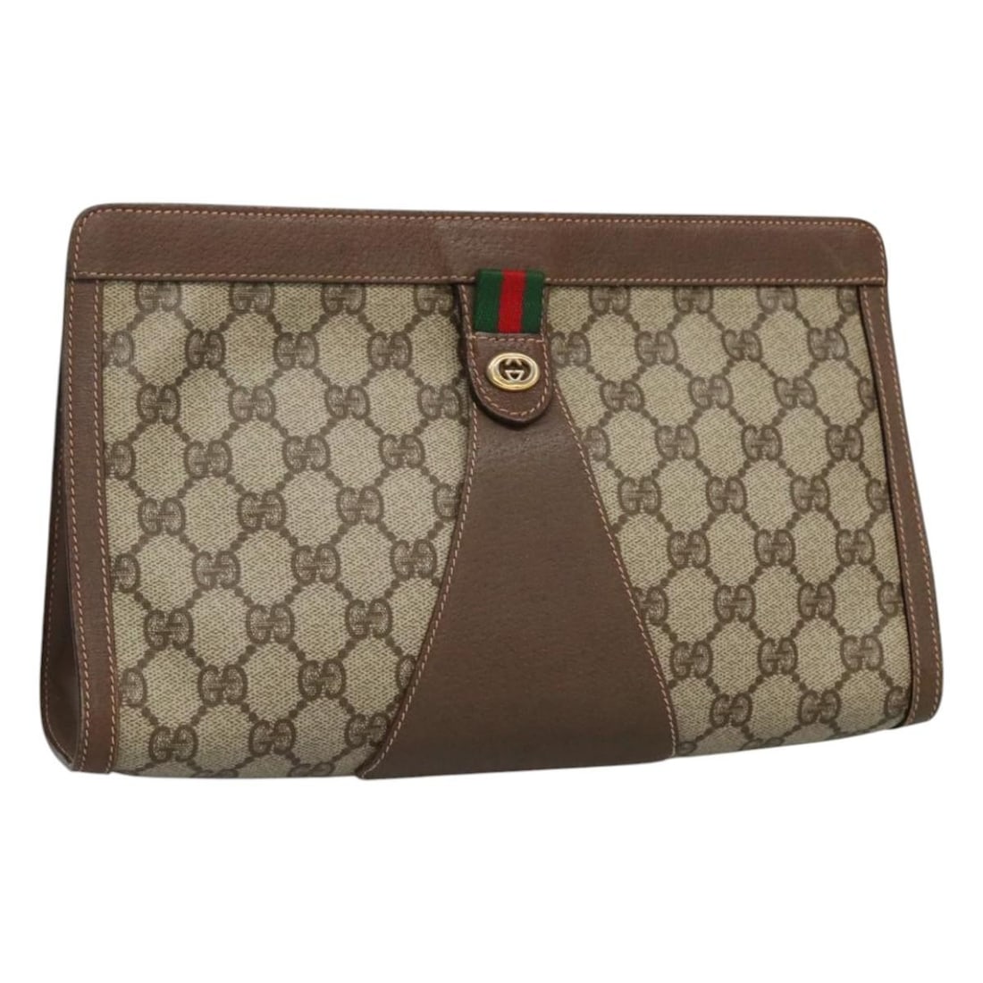 GUCCI GG Supreme Sherry Line Clutch Bag Beige Green Red PVC Auth 156 01 033 (1 of 18)