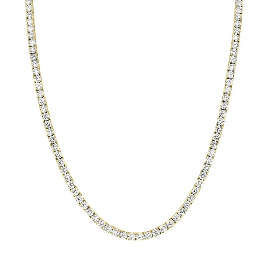 Rachel Koen 14K Yellow Gold Lab Grown Diamond Tennis Necklace 13.23Cttw: Rachel Koen 14K Yellow Gold Lab Grown Diamond Tennis Necklace 13.23Cttw This stunning tennis necklace showcases 134 round cut lab grown diamonds, elegantly set in a prong style, totaling 13.23 carats.
