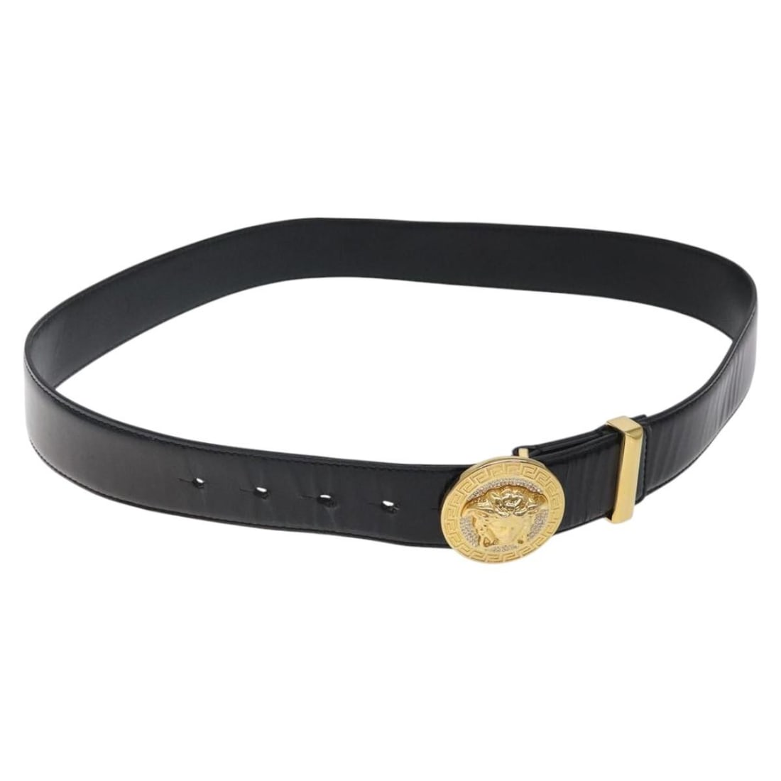 VERSACE Black Enamel Belt 40.9in Made in Italy: VERSACE Black Enamel Belt 40.9in Made in Italy Elevate your accessory collection with this authentic Versace belt in classic black enamel. Designed for style and durability, this belt features a width