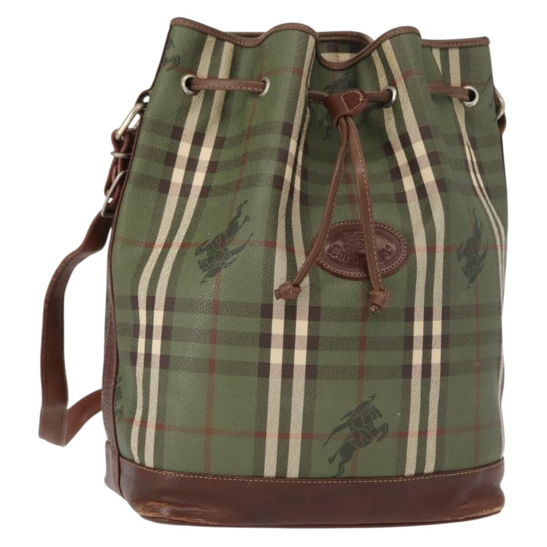 Burberrys Nova Check PVC Shoulder Bag Green Gold Italy Auth 153485: Burberrys Nova Check PVC Shoulder Bag Green Gold Italy Auth 153485 This Burberrys Nova Check Shoulder Bag is a stylish accessory crafted from durable PVC leather, featuring a striking green and gold c