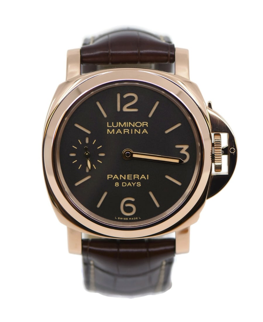 Panerai Luminor Marina 8 Days 18K Rose Gold PAM511 Luxury Watch: Panerai Luminor Marina 8 Days 18K Rose Gold PAM511 Luxury Watch This Panerai Luminor Marina 8 Days wristwatch features an elegant 18K rose gold case, measuring 44mm in diameter, making it a statement