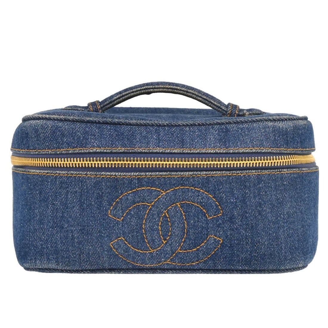Chanel Blue Denim Vanity Handbag with Zipper Closure: Chanel Blue Denim Vanity Handbag with Zipper Closure Introducing the Chanel Blue Denim Vanity Handbag, a stylish and sophisticated accessory that combines functionality with high fashion. This medium-