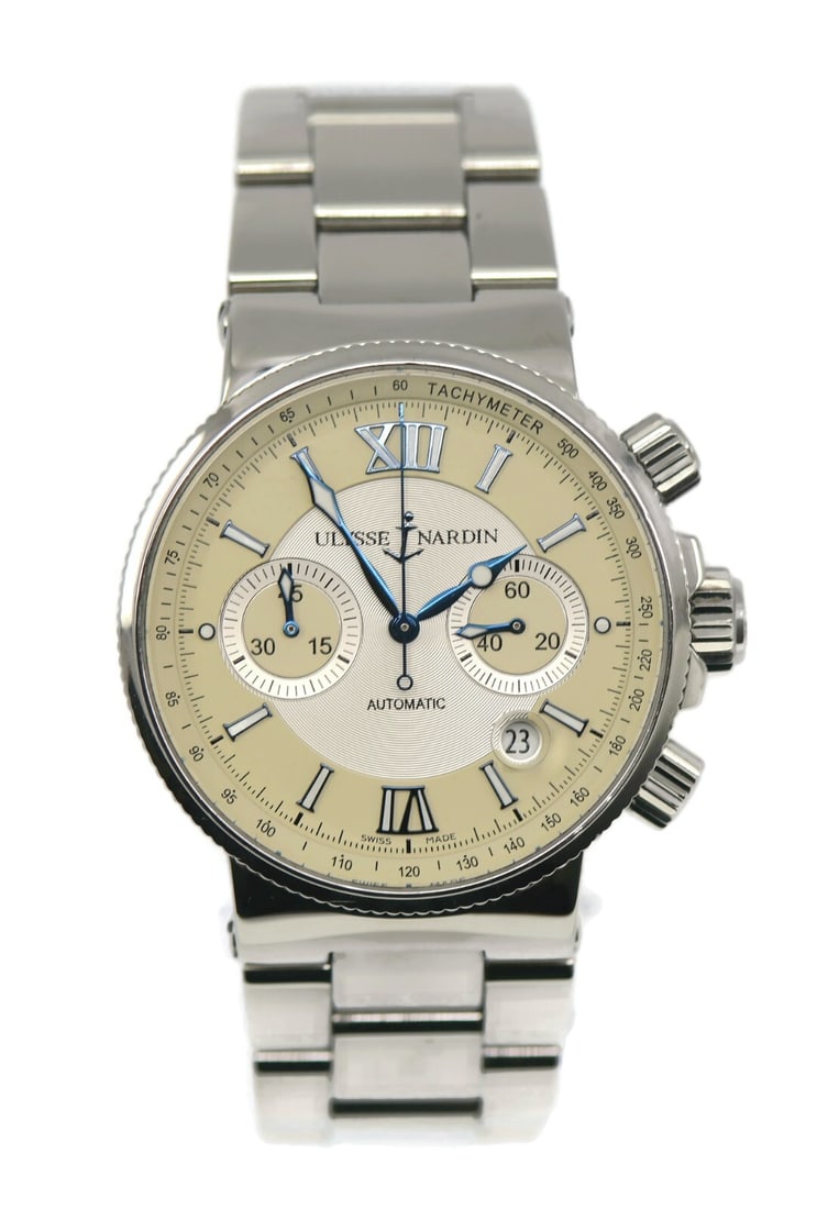 Ulysse Nardin Maxi Marine Stainless Steel Watch Ref 353-66 40mm Mechanical: Ulysse Nardin Maxi Marine Stainless Steel Watch Ref 353-66 40mm Mechanical Discover the elegant Ulysse Nardin Maxi Marine Wristwatch, a stunning timepiece crafted from stainless steel. This model feat