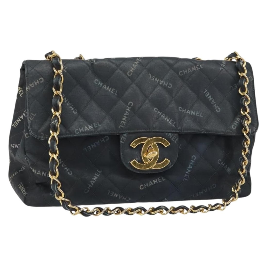 CHANEL Matelasse 34 Shoulder Bag Coated Canvas Black Gold Auth 158838 (1 of 18)