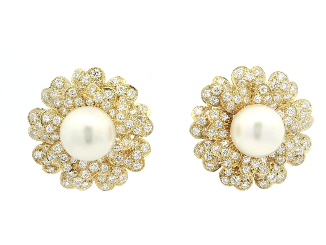 18k Yellow Gold 11.2mm Pearl 5ctw Diamond Flower Omega Earrings (1 of 13)