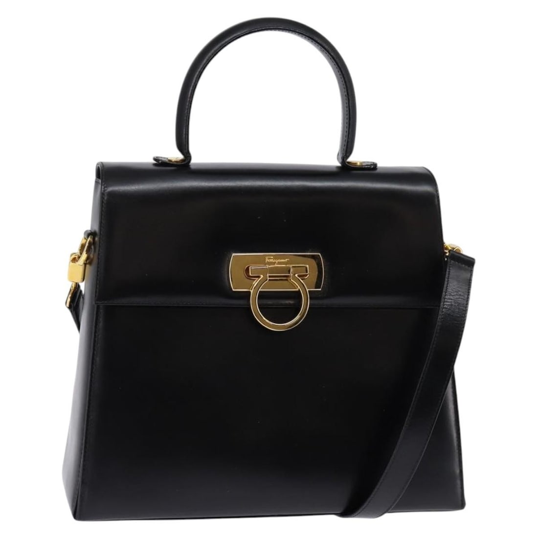 Salvatore Ferragamo Gancini Black Gold Leather Hand Bag Auth 147713 (1 of 18)
